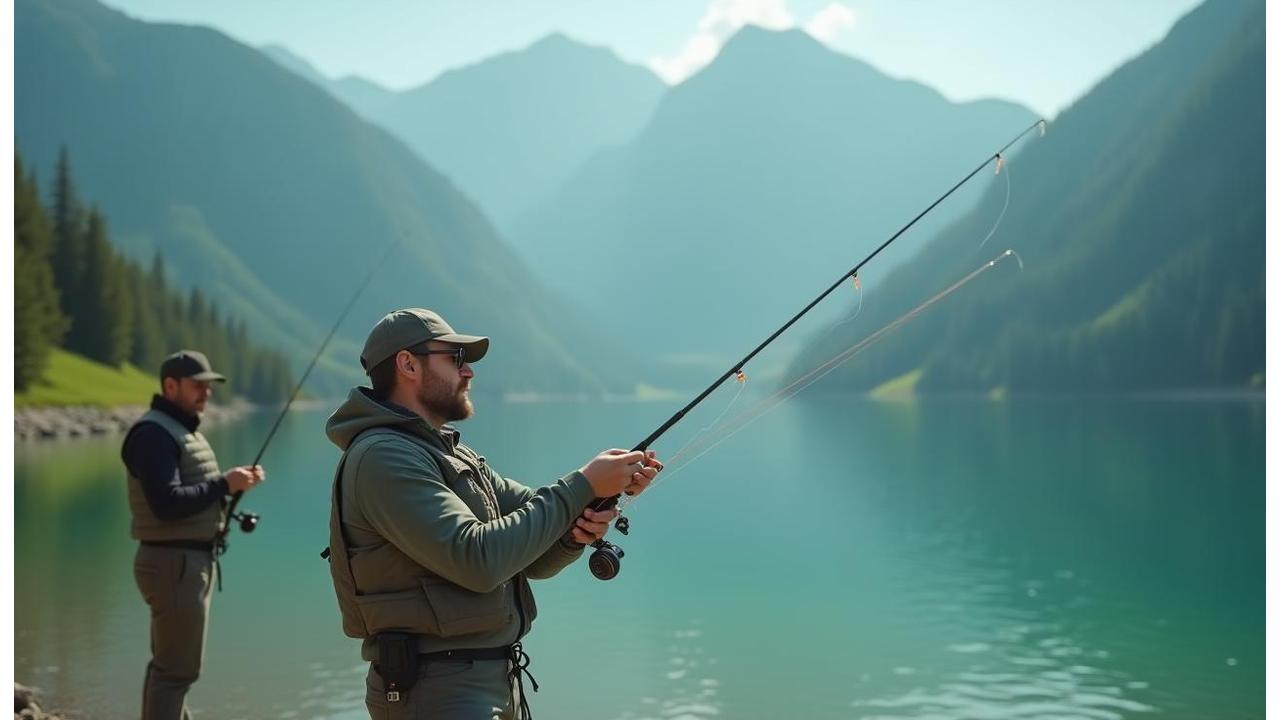 Angler testet neue Rute an einem Schweizer Bergsee mit Berater