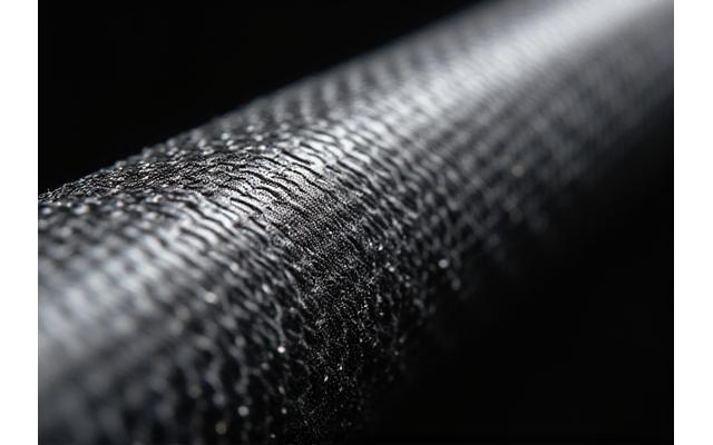 Makroaufnahme von Carbon-Verbundfasern, die für Angelruten-Blanks verwendet werden, mit feinen Details der Webstruktur.