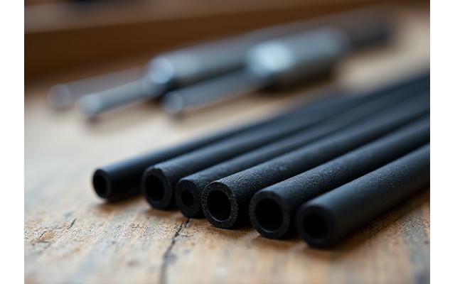 Eine Nahaufnahme verschiedener Angelruten-Blanks, sauber aufgereiht, mit Fokus auf Textur und Material.