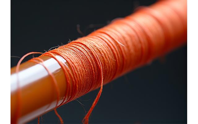 Nahaufnahme einer Angelrutenwicklung mit farbigen Zierfäden und Epoxidharz, das die Wicklungen schützt.