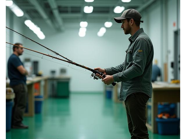Ein Angler führt einen Wurf mit einer Angelrute aus, während ein Experte elektronische Sensoren anbringt, die Bewegungsdaten erfassen.