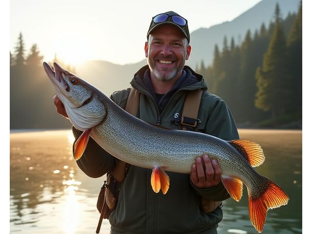 Ein lächelnder Angler hält stolz einen grossen Hecht, seine neue Custom Rod ist im Vordergrund sichtbar.