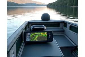 Modernes Fischerboot auf einem See mit Echolotbildschirm