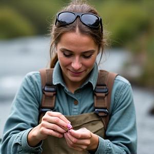 Portrait von Guide Anna, engagiert beim Fliegenfischen in einem Bergbach