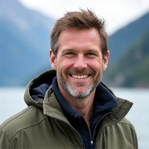 Portrait von Guide Lukas, lächelnd mit Angelausrüstung