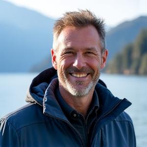 Portrait von Guide Reto, mit einem gefangenen Egli lächelnd