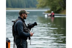 Professioneller Fotograf, der einen Angler mit Fang fotografiert