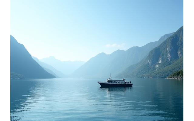 Blick auf den Vierwaldstättersee mit Schweizer Bergen im Hintergrund und einem Fischerboot