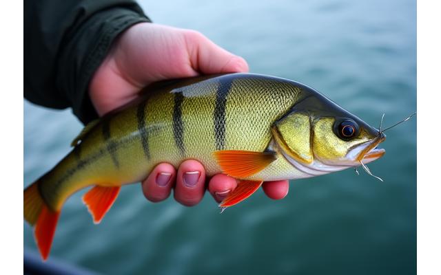 Angler fängt Egli auf dem Zugersee mit einem modernen Angelboot