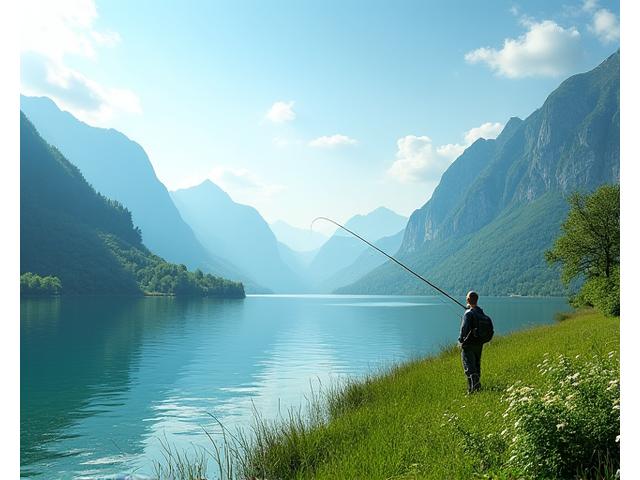 Angler beim Uferangeln am hellgrünen Schweizer See