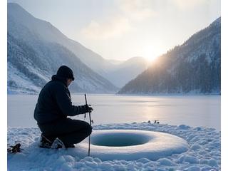 Winterangeln am verschneiten See