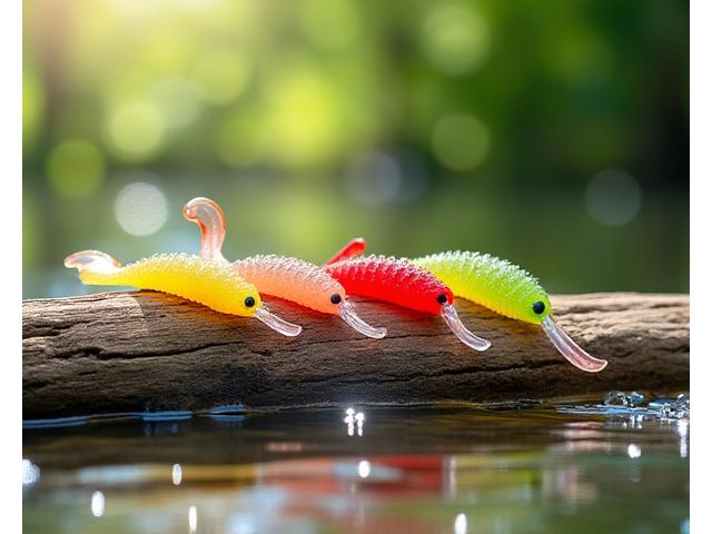 Auswahl an farbenfrohen biologisch abbaubaren Gummifischen und Twistern auf einem Holzgrund mit Wasser im Hintergrund
