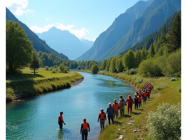Gruppe von Anglern nimmt an einer Gewässer-Säuberungsaktion in einer idyllischen Schweizer Landschaft teil