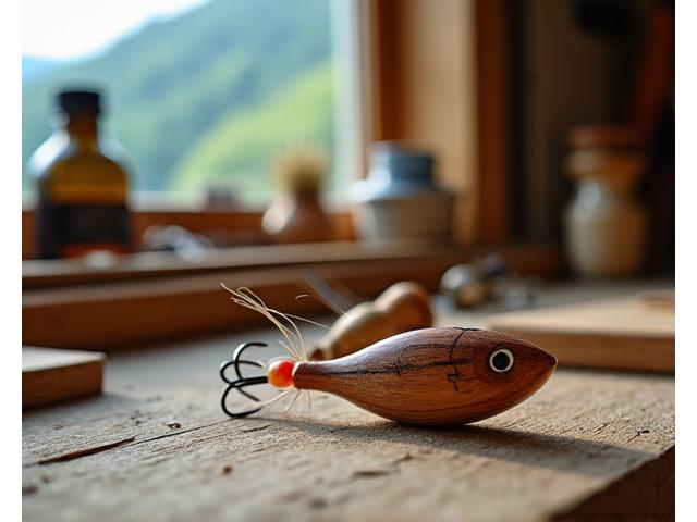 Detailaufnahme eines handgefertigten Holzwobblers mit FSC-Zertifikat und natürlichen Farben