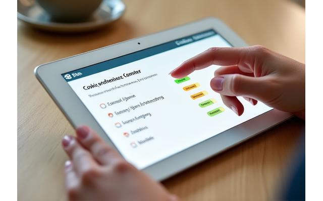 Illustration einer Hand, die Cookie-Einstellungen auf einem Tablet verwaltet.
