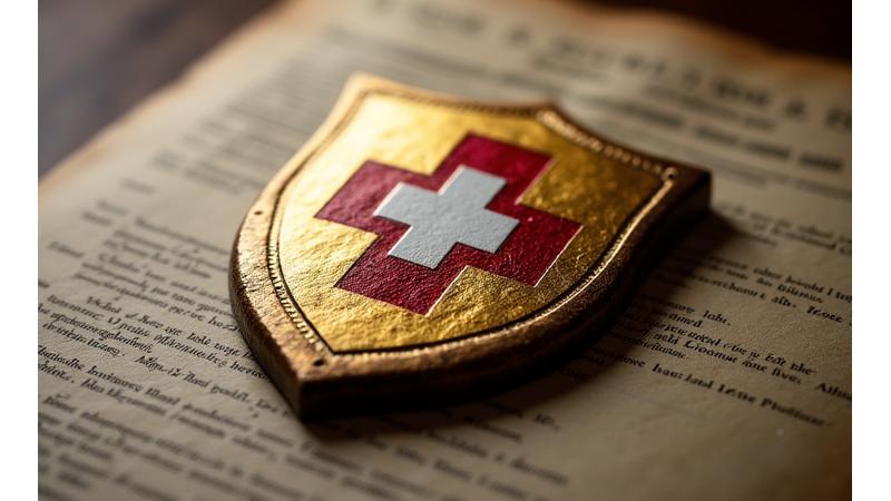 Ein goldener Schild mit einem Schweizer Kreuz, umgeben von Gesetzestext, symbolisiert Schutz und Gewährleistung.