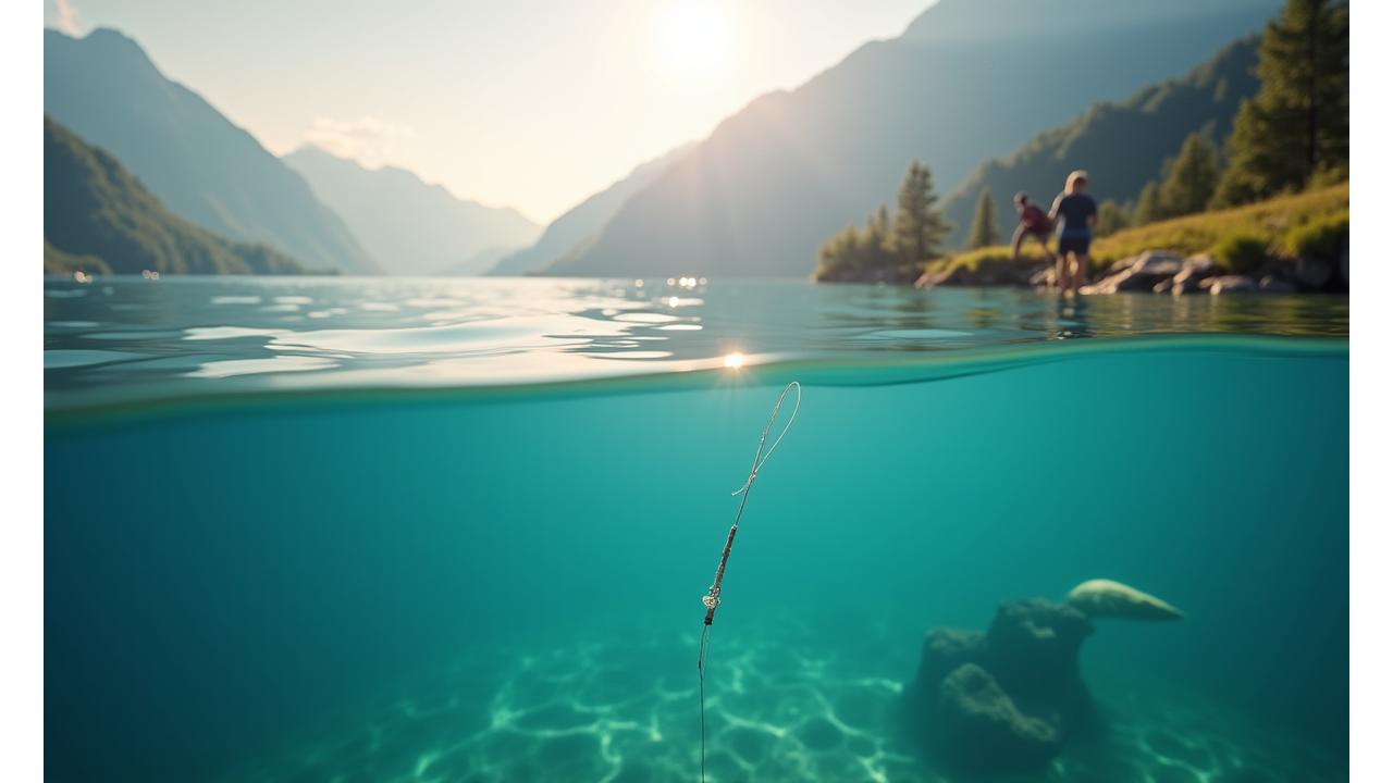 Klare Gebirgssee-Oberfläche mit reflektierender Angelschnur und einem Taucher, der die Unsichtbarkeit testet.