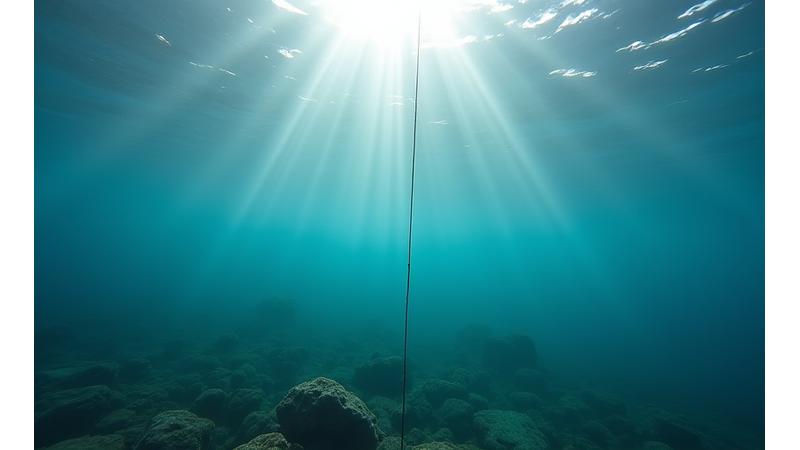 Unterwasseraufnahme einer Angelschnur, die fast unsichtbar im klaren Wasser verläuft.