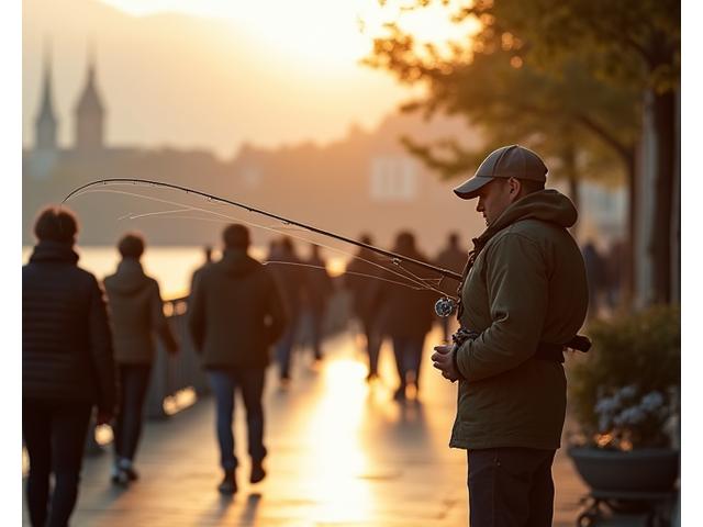 Angler führt unauffällig eine Angelschnur entlang einer belebten Uferpromenade in Luzern.