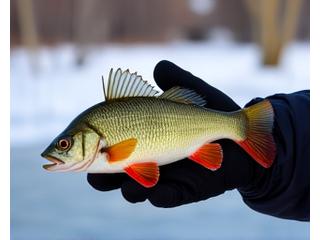 Nahaufnahme eines gefangenem Barsches im Winter, in der eisigen Hand eines Anglers, der den Fisch vorsichtig hält