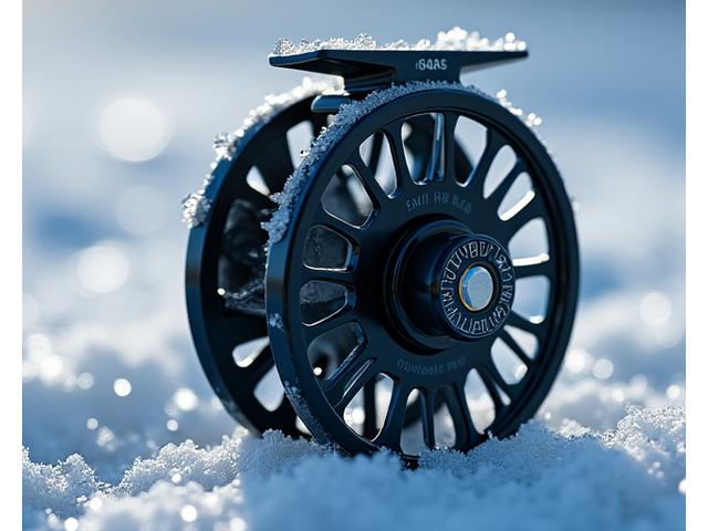 Nahaufnahme einer hochwertigen Angelrolle mit spezieller Kälteschmierung, Eispartikel auf der Oberfläche, symbolisiert Frostschutz