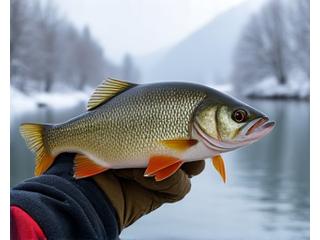 Nahaufnahme eines großen Egli (Barsch) in der Hand eines Anglers, mit schneebedeckter Uferlandschaft im Hintergrund, gefangen im Winter