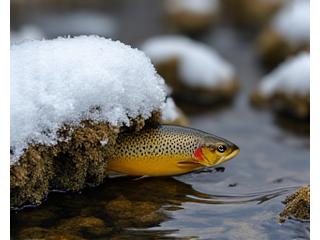 Eine Bachforelle, die sich in einem klaren, eisigen Bach zwischen Steinen versteckt, mit leichtem Schnee auf dem Ufer