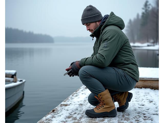 Ein Angler, warm eingepackt mit Thermokleidung und rutschfesten Stiefeln, bereitet sich auf einem sicheren Bootssteg vor, der von leichtem Schnee bedeckt ist