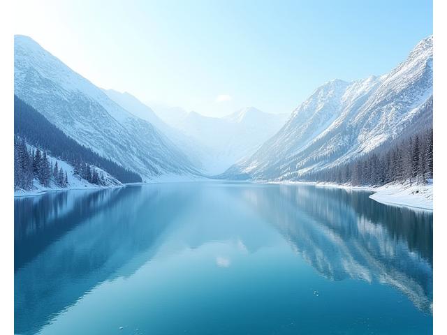 Klarwasser in den Alpen, tiefblau, von Schnee bedeckte Berge im Hintergrund, symbolisiert beste Sicht für Angler