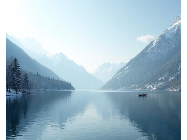 Winterlandschaft des Vierwaldstättersees, umgeben von schneebedeckten Bergen, mit einem kleinen Fischerboot auf dem ruhigen, dunklen Wasser unter klarem Himmel